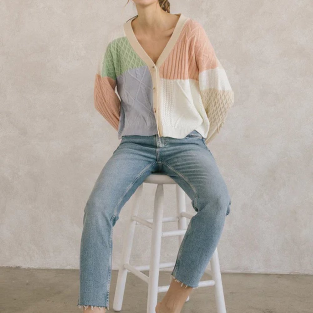 STORIA COLORBLOCK PASTEL CABLEKNIT BUTTONDOWN CARDIGAN, Size Small